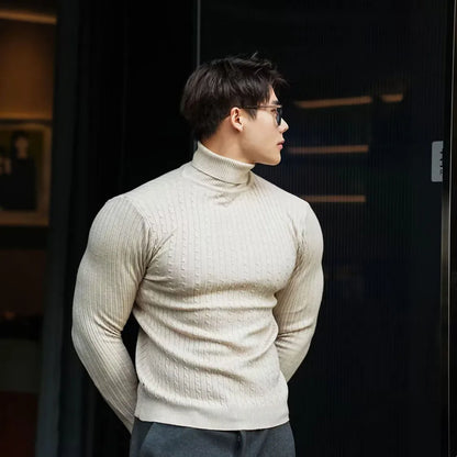 New Men's Turtleneck Sweaters Autumn Knitted Striped Streetwear Warm Long Sleeved Pullover Solid Color Basic Style Casual Tops.