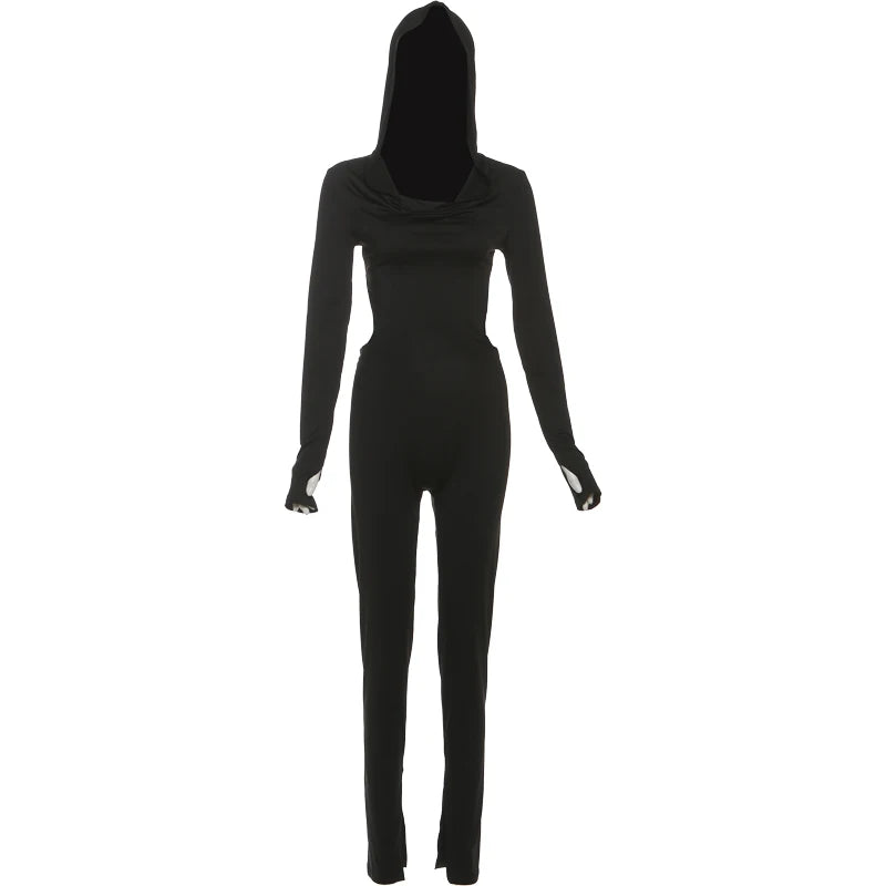 Weird Puss Hooded Backless Jumpsuit Woman Sexy Fitness Waistless Stretch Skinny Midnight  Activity Workout Streetwear Overalls.
