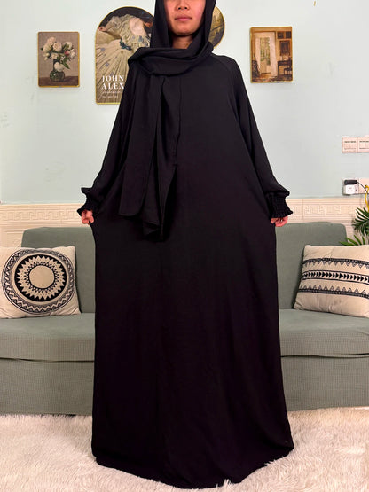 Muslim Abaya Ramadan 2025 For Women Pure Cotton Loose Prayer Femme Robe Elastic Cuffs African Dress With Connected Hijabs Scarf