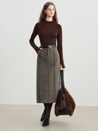 ZIQIAO Retro Mid-length Straight Skirt for Women 2025 Autumn and Winter New Slit Woolen Skirt Commuting Soft Warm British Style.