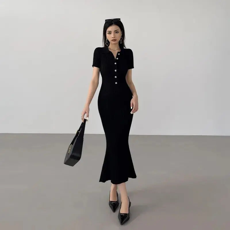 OCEANLOVE Meerjungfrau Rüschen Kleider für Frauen Gestrickte Solide Einreiher Sexy Vestidos Mujer Mode Frühjahr Sommer Langes Kleid.