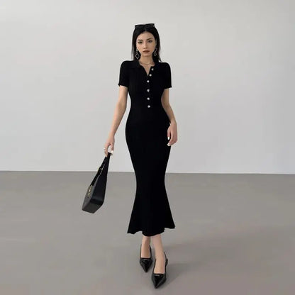 OCEANLOVE Meerjungfrau Rüschen Kleider für Frauen Gestrickte Solide Einreiher Sexy Vestidos Mujer Mode Frühjahr Sommer Langes Kleid.