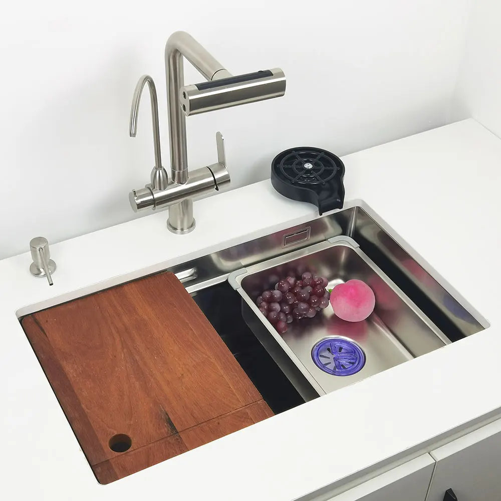 Unterbau-Küchenspüle aus Edelstahl 304, obermontierte Waschbecken mit Wasserfall-Wasserhahn, multifunktionales Einzelwaschbecken