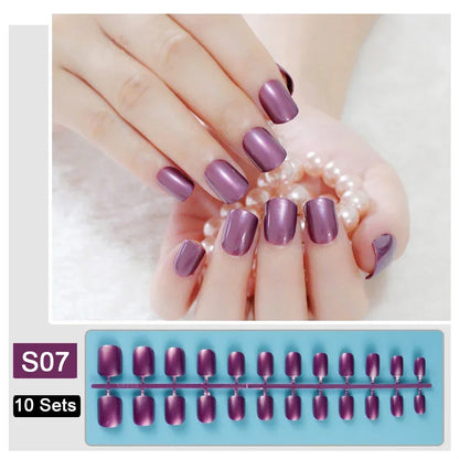 10 Sets/Pack Mixed Solid Colors Coffin Round Square Almond Shape False Nails Full Cover Nail Tips Short Fake Nails Tip Manicure