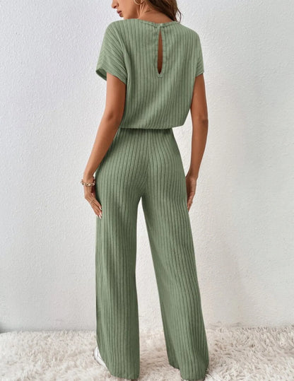 Two Piece Pant Sets Women Straight Pants Tops Pullover Short Sleeve Round Neck Spliced Top Solid Casual Streetwear Summer.