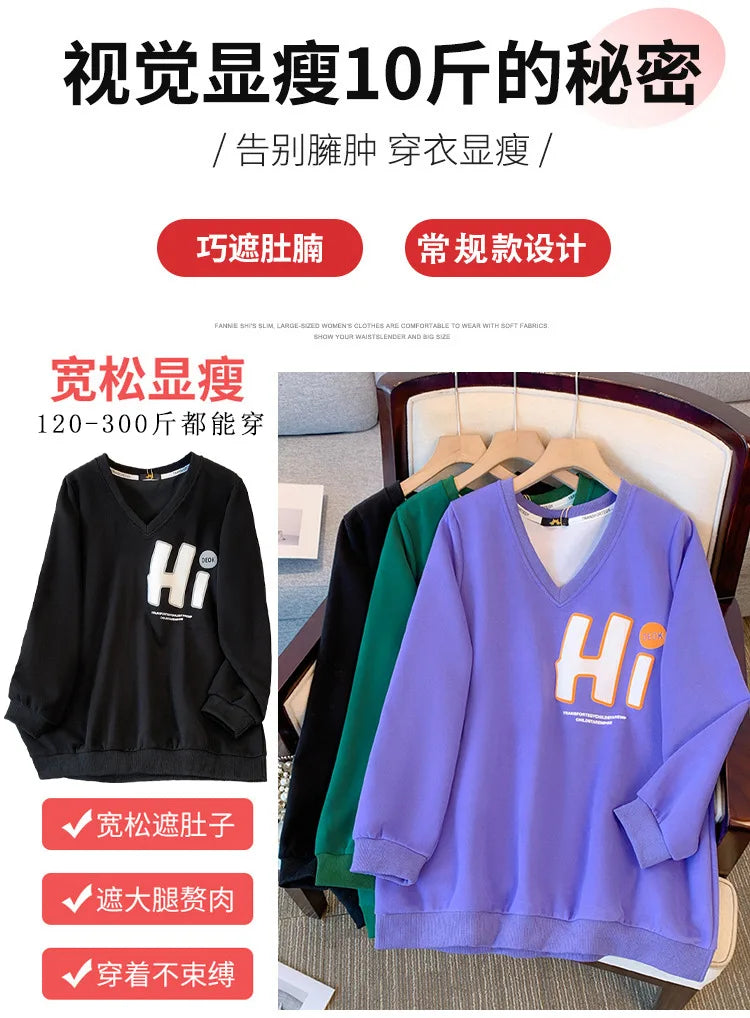 150kg plus size Damen büste Herbst Frühling loser V-Ausschnitt Brief druck Langarm Sweatshirt 6xl 7xl 8xl 9xl 10xl.