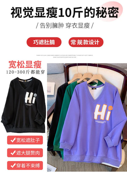 150kg plus size Damen büste Herbst Frühling loser V-Ausschnitt Brief druck Langarm Sweatshirt 6xl 7xl 8xl 9xl 10xl.