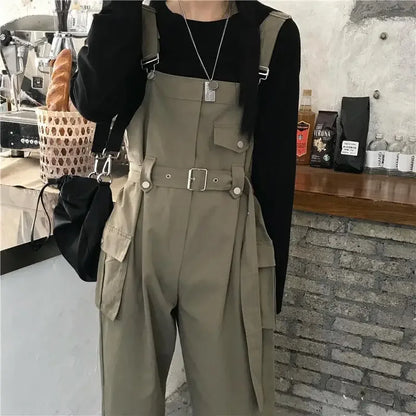 Jumpsuits Women Design Loose Fashion Vintage Students Spring Korean Style Straight Leisure Belt Simple Solid Elegant Tender Cozy.