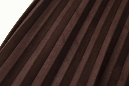 European and American style autumn new fashion trend casual simple women's matching belt suede effect pleated midi skirt.