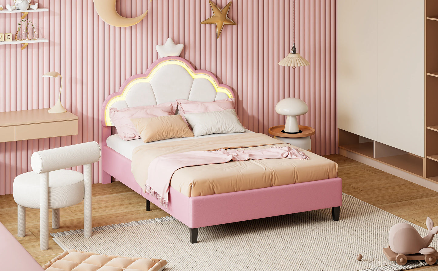 Lazyspace Samt-Polsterbett, LED-Kopfteil in Wolkenform mit dekorativer Krone, rosa Bettrahmen für Mädchen