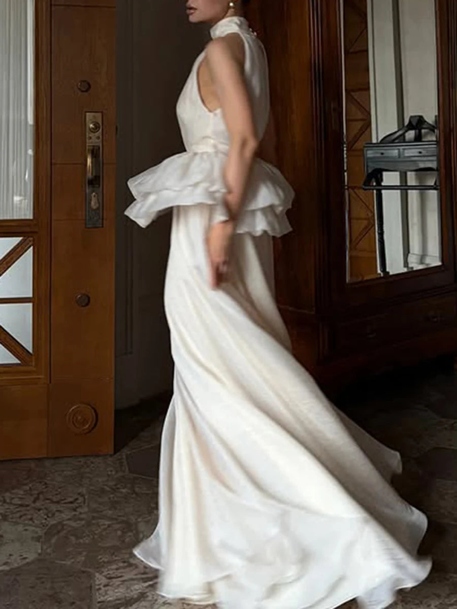 VGH Solide Abend Gespleißt Rüschen Maxi Kleider für Frauen High Neck Ärmellose Tunika Temperament Zeremonie Kleid Weibliche Kleidung.