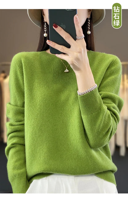 100% Merino Wool Sweater Women O-neck Cashmere Knitwear Female Pullover Autumn Winter Casual Tops Solid Color Soft  Clothing