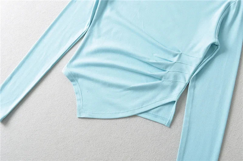 Slim Fit Long Sleeve T-Shirt Women's Shoulder Bared One-Shoulder Design Crease Asymmetrical Pure Desirable Spicy Girl Style.