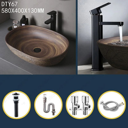 Braunes Keramikgefäß, Waschbecken, Waschtisch, Schüssel, ovaler Badezimmertisch, Waschbecken, Toilette, Balkon, Kunstbecken, über der Theke, Sockelwaschbecken