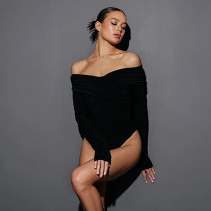 Women's Autumn One Shoulder V-Neck Pleated Long Sleeve Top Tight Fitting Temperament Jumpsuit New Collection.