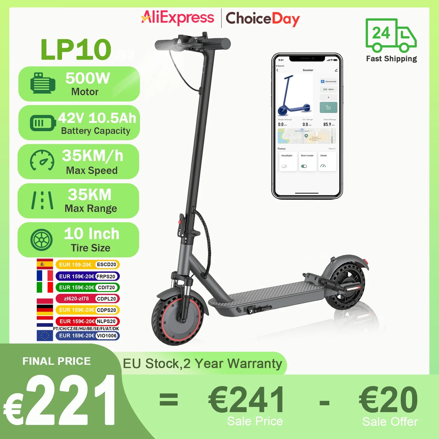 AOVOPRO LP10 500W Electric Scooter 42V 10.5Ah 35KM/H 35KM Long Range 10 Inch with Shock Absorption Smart Foldable EScooter.