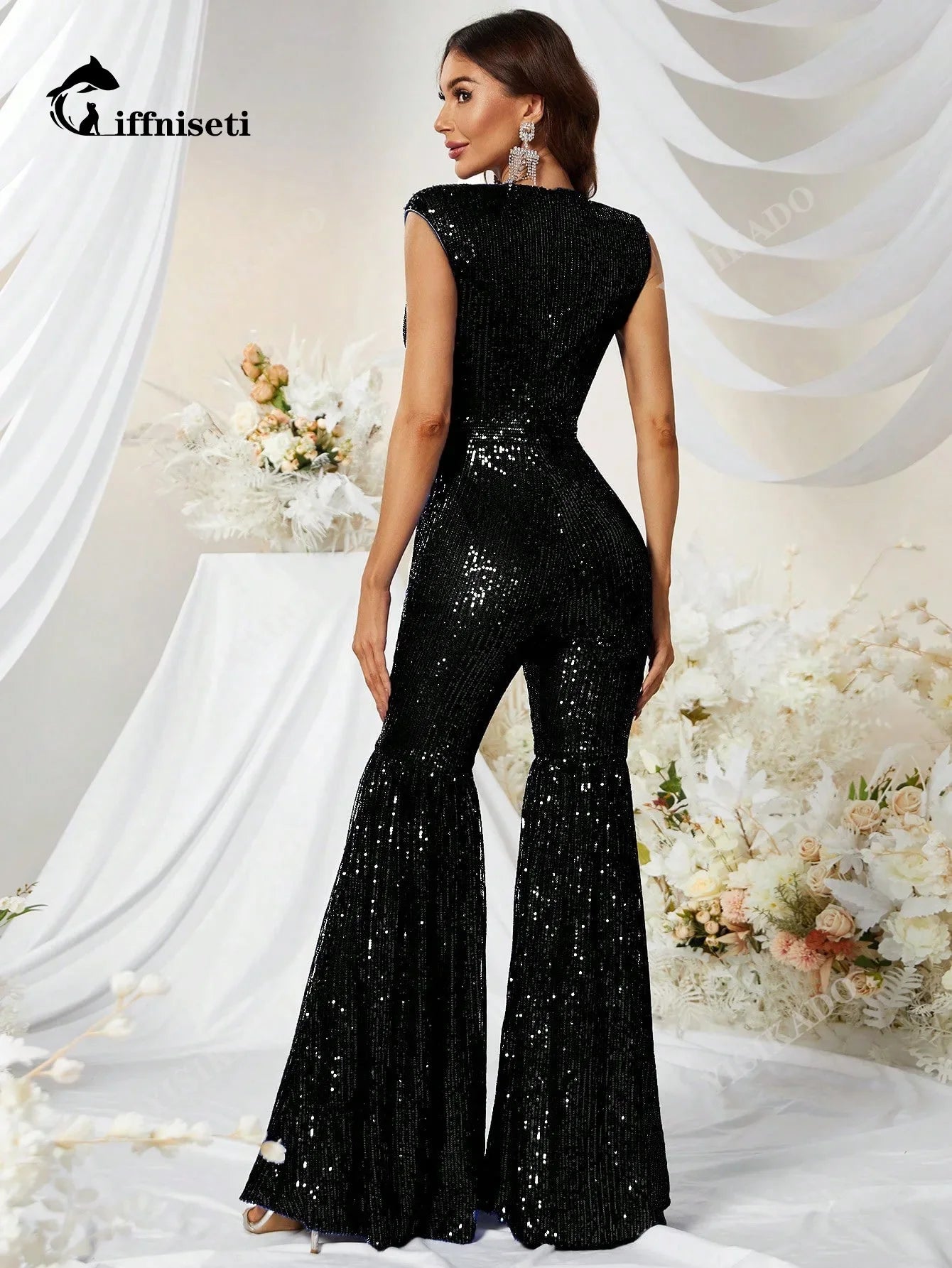 New Arrival Bead Sequin Slim Fit Bell Bottom One Piece Pants Women's Fashion Sleeveless Micro Flare Jumpsuit MGX492-1.