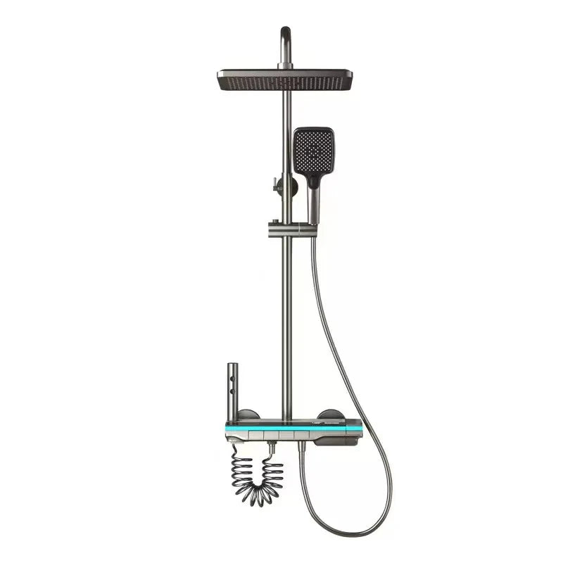 Bathroom Shower System Brass Mirror Surface Temperature-Controlled for Bathtub Faucet with Digital Display, LED Strip