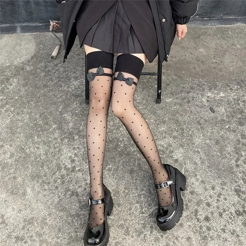 Japanese Style Thigh High Stockings Long Socks Women Cute Sweet Girls Lolita Bow Over Knee Socks Polka Dot Summer Nylon Stocking.