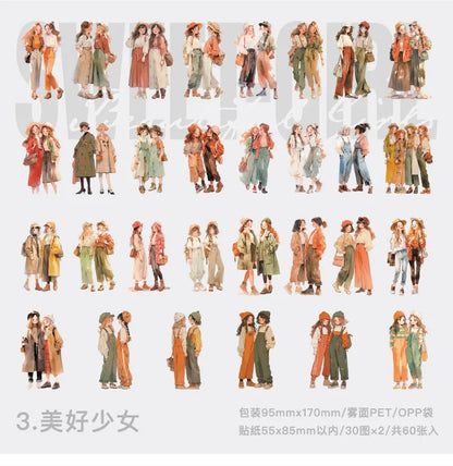 60 pcs Hand malerei Mode süße Mädchen Menschen Aufkleber Vintage Cartoon Mode Mädchen Sammelalbum Ölgemälde Illustration Aufkleber.