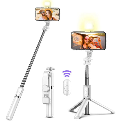 Wireless Bluetooth Selfie Stick Foldable Portable Tripod with Fill Light Shutter Remote Control for Android iPhone Smartphone.