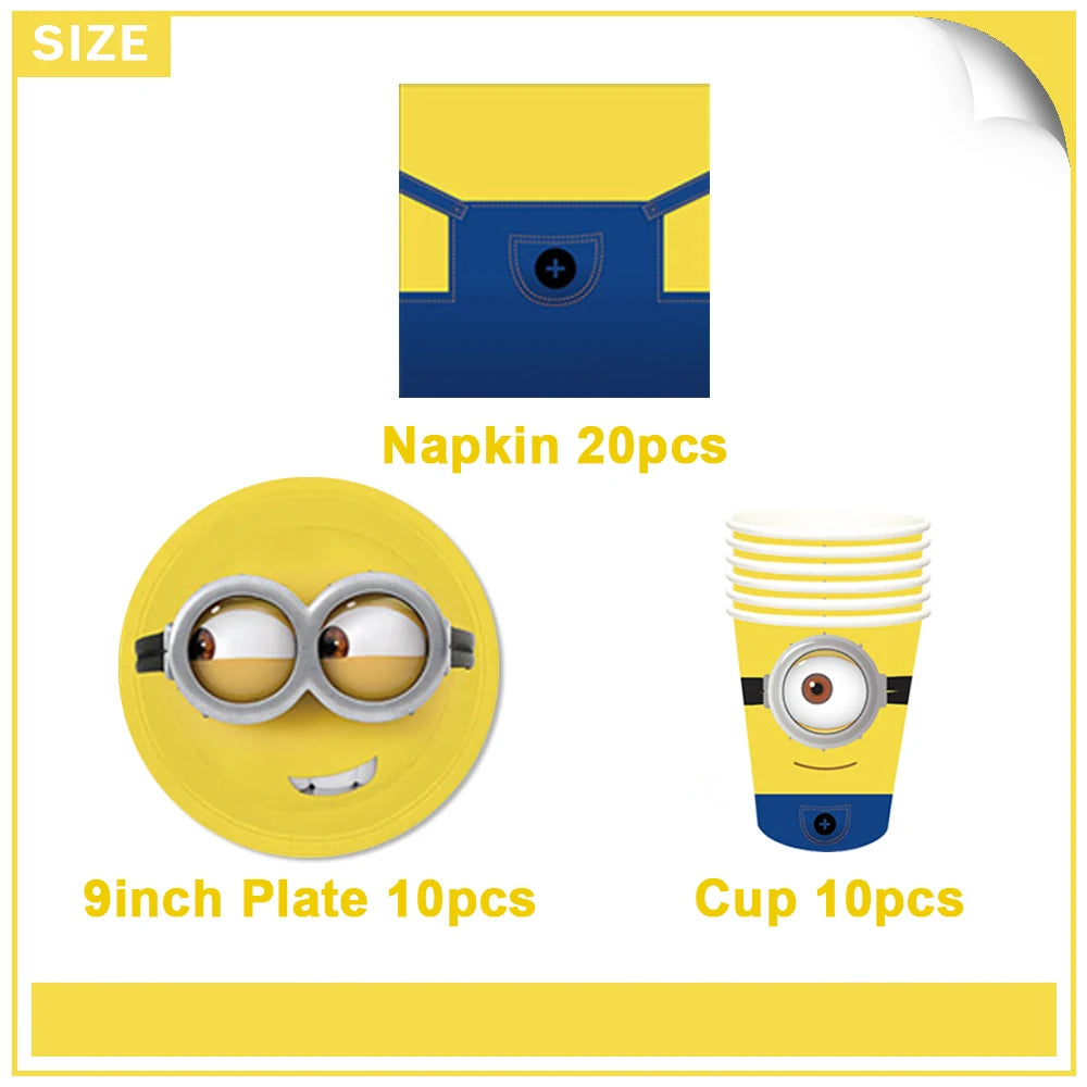 Cartoon M & Minions Geburtstag Party Dekoration Einweg Geschirr Tasse Teller Tischdecke Luftballons Gelb Große Augen Hintergrund Banner.