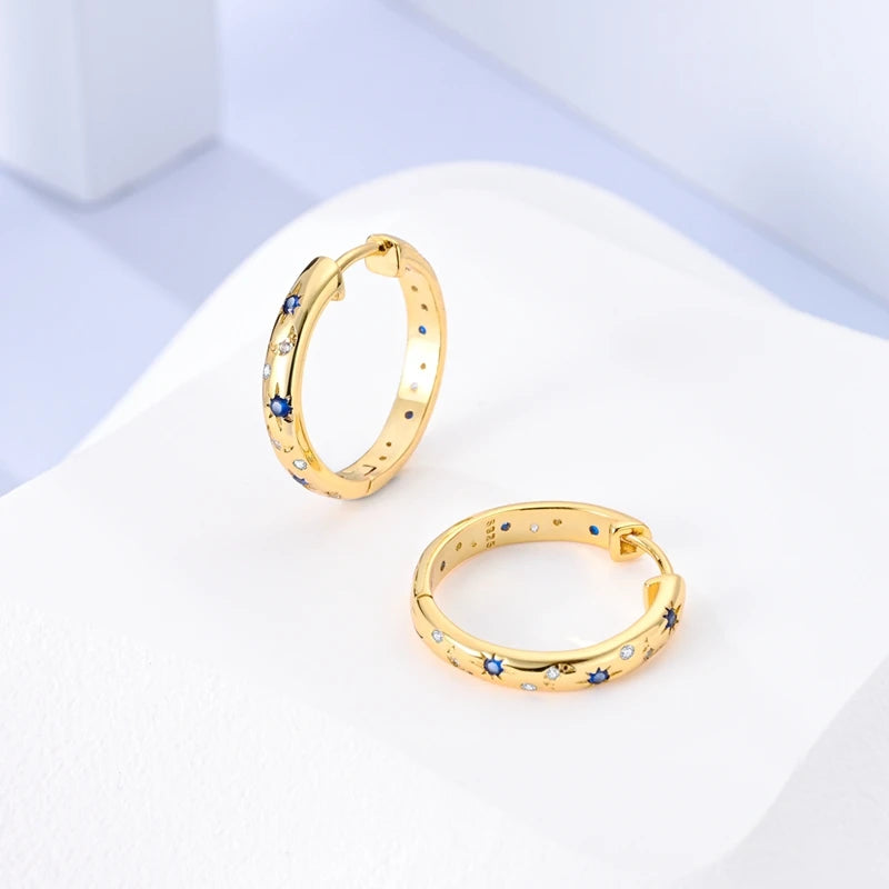 Yellow Gold Starlight Hoop Earrings For Girl Sparkling Classic Snakebone Multi-loop Earrings Star Moon 925 Silver Women Earring.