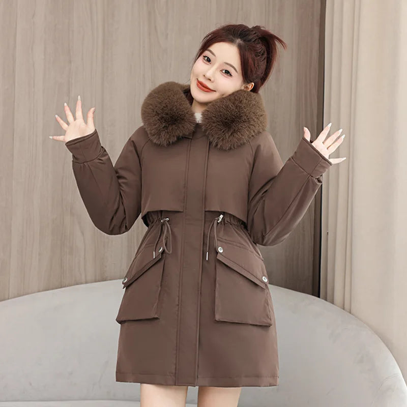 Winter dame Winter Stepp Mantel Abnehmbare Futter Pelz Kragen Gürtel Parka Jacke Für Frauen Verdickt Thermische frauen Mantel