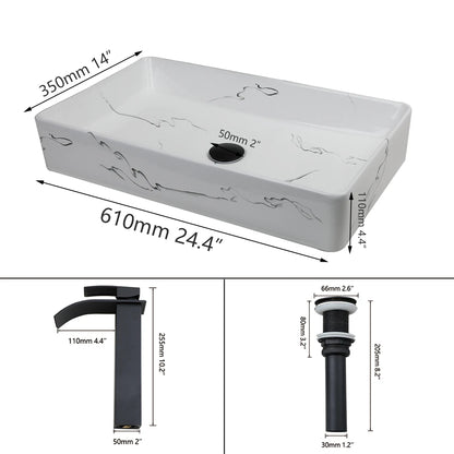 JIENI Keramik-Badezimmer-Waschbecken-Set, quadratisch, Porzellan, Arbeitsplatte, Waschbecken, Wasserhahn, Pop-Up-Abfluss, kombiniertes modernes Waschbecken-Set