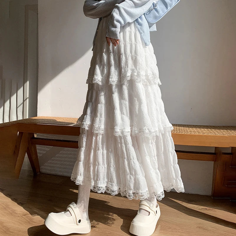 Sweet Lace Women Cake Puff Chiffon Skirts Summer Stylish Tierred Pleated Hem Solid Long Skirt Korean A-Line High Waist Skirts.