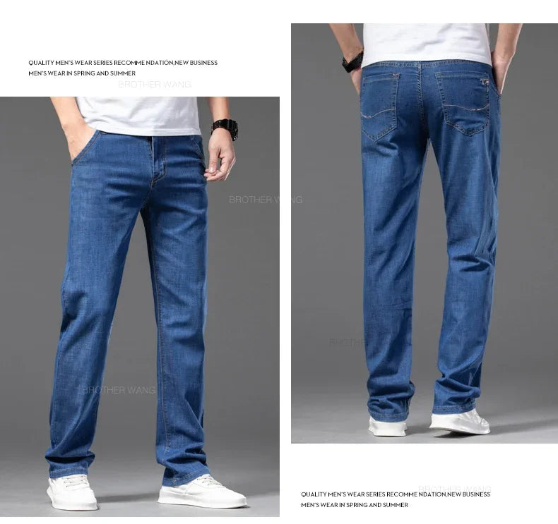 Sommer Dünne männer Gerade Jeans Klassische Schwarz Blau Stretch Casual Business Baggy Denim Hosen Männliche Marke Hosen.