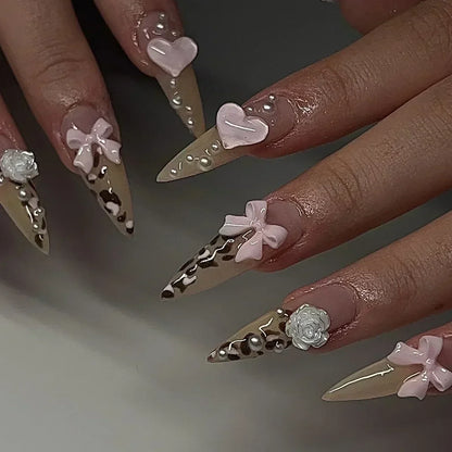 White Glitter Powder Bowknot Long Pointed Fake Nails Art Ballet False Nail Cow Print Pearl Rhinestone Pink Almond Press on Nails.
