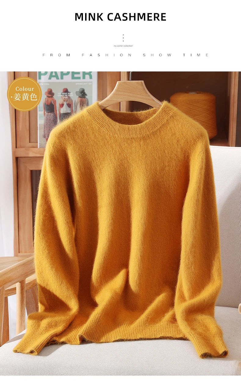 Women's Round-neck Mink Cashmere Sweater Soft Pullover Jumper Comfortable Knitted Top for Autumn Winter Pure Mink Material