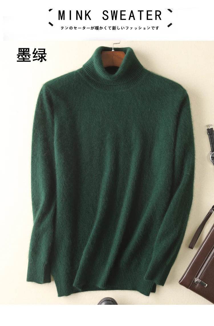 Men's 100% pure Mink Knitted Sweater Turtleneck Large Size Casual Pullover Autumn Winter New Base Shirt Men Warm High Lapels Top