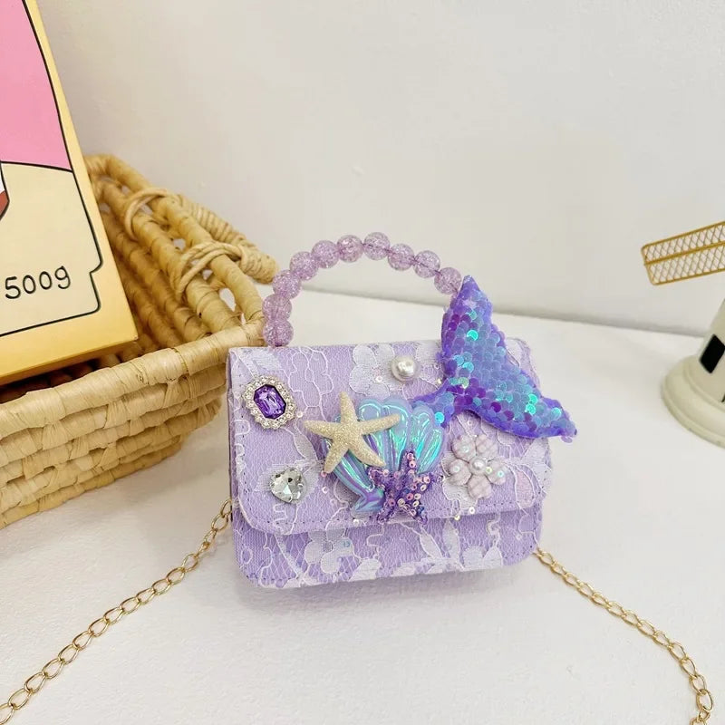 Lovely Sequin Girls Square Shoulder Bag Fish Tail Starfish Princess Crossbody Bags Bead Handle Children's Small Handbags Purse