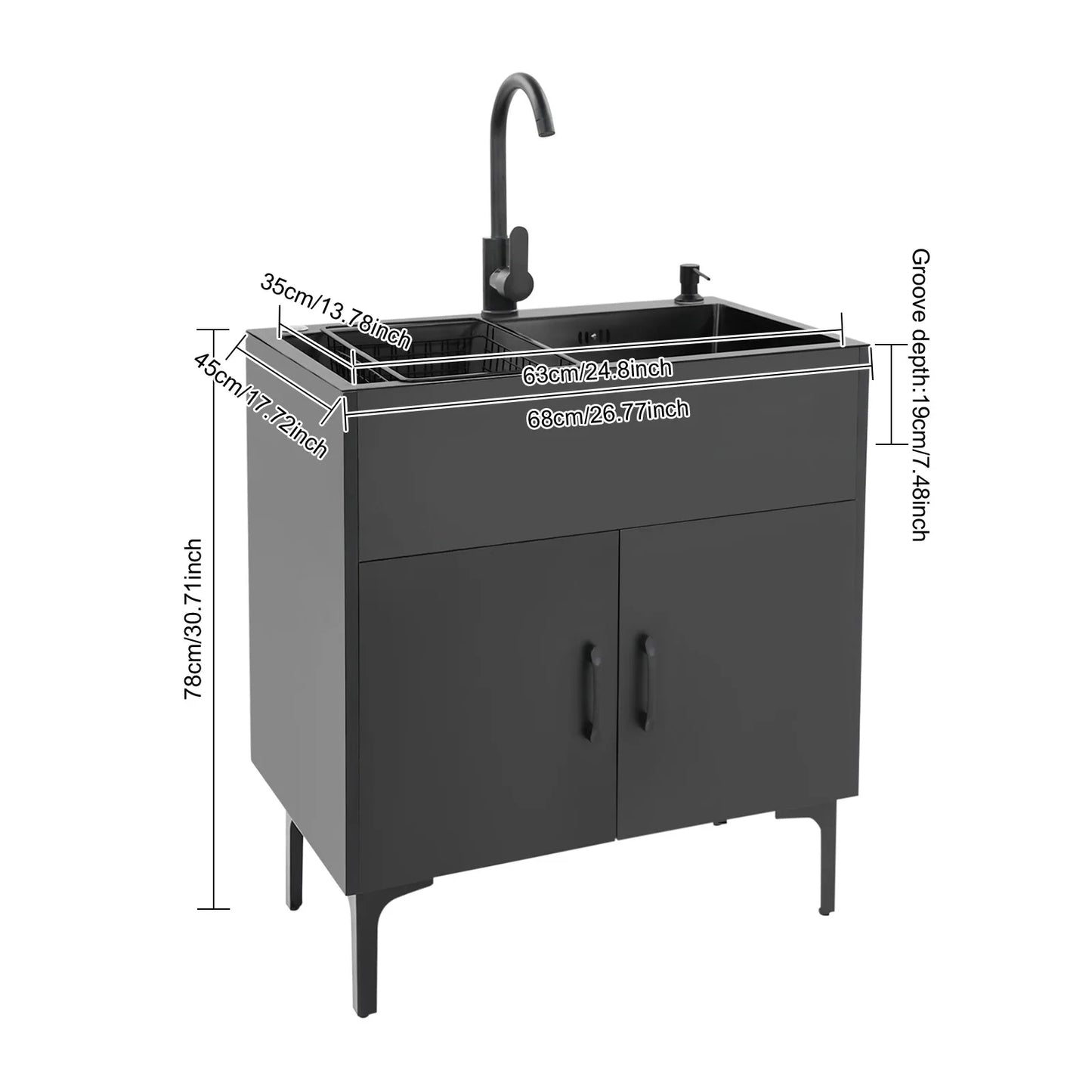 Schwarz/weißes unabhängiges Waschbecken mit Schrank, Küchenspüle aus Edelstahl mit 360° °   Drehbarer Wasserhahn für Badezimmer, Waschbecken