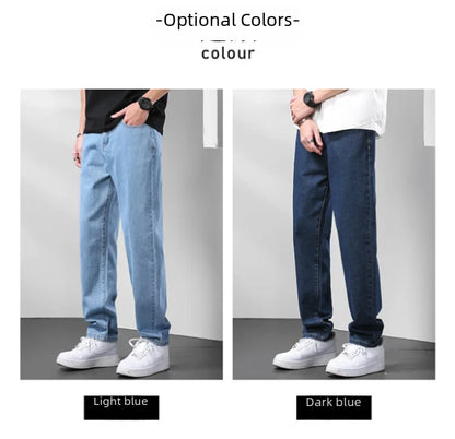 Light Blue American Retro Jeans Men Soft Loose Straight Cylinder High Street Workwear Casual Loose Legs Pants.