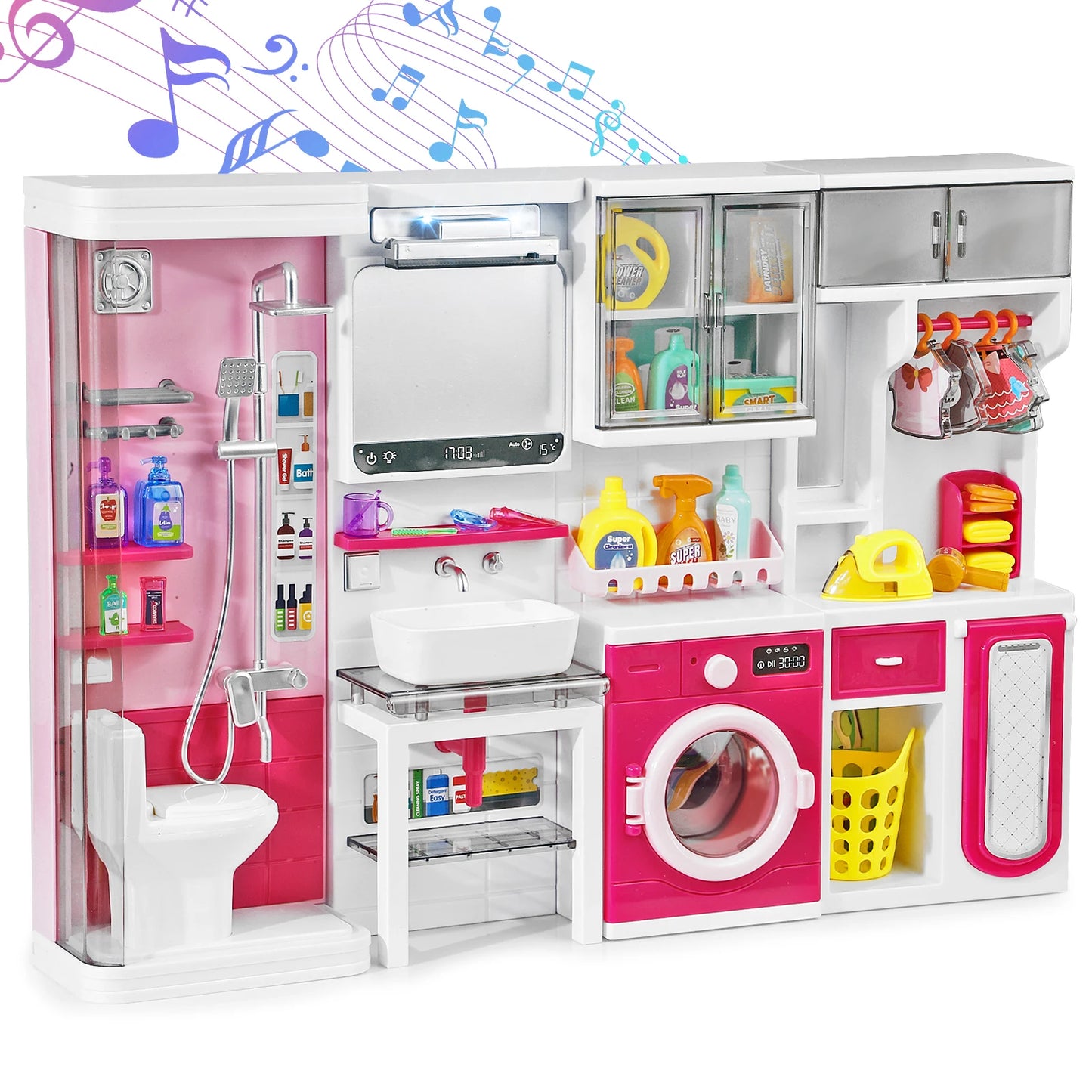 Pink Bathroom Playset with Shower, Vanity, Laundry Cabinet, and Ironing Board, Christmas/Thanksgiving/New Year Gift.