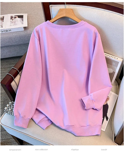175kg plus size Damen büste Frühling Herbst loser Rundhals ausschnitt Langarm bedrucktes Sweatshirt schwarz lila 5xl 6xl 7xl 8xl 9xl