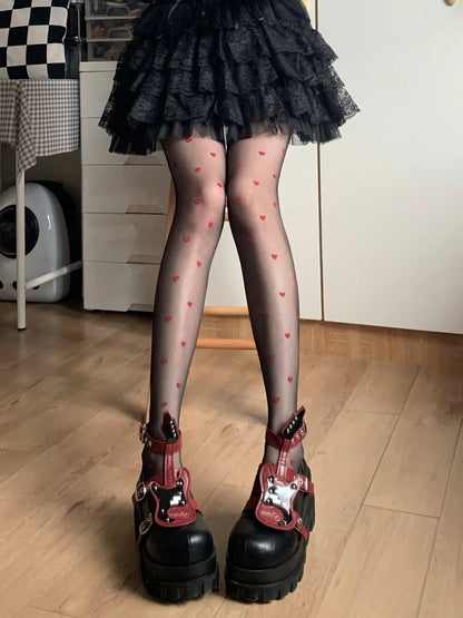 Sheer Kawaii Hosiery Ultra Thin Medias New JK Lolita Girl Thigh High Pantyhose Red Heart Print Women Tights Nylon Body Stockings.