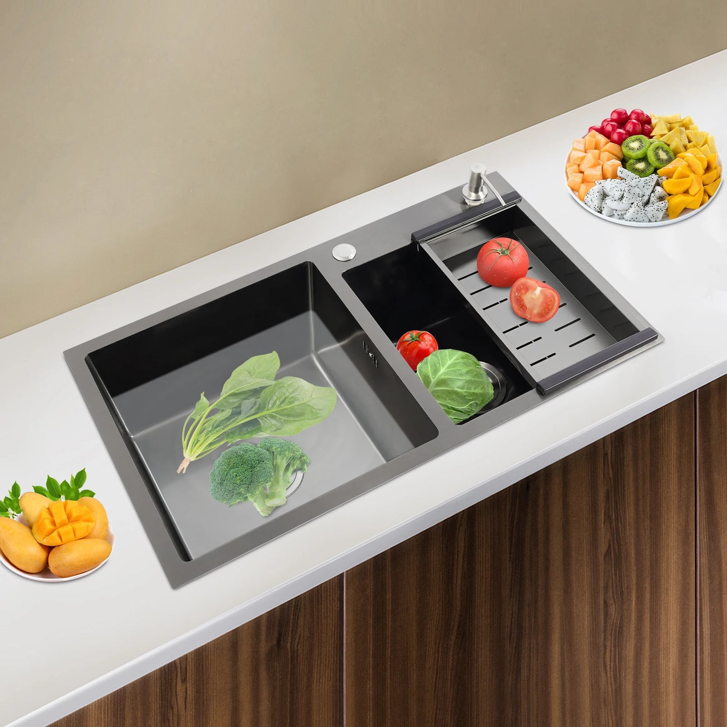 Schwarze Spüle aus Edelstahl 304, Doppelschüssel-Küchenspüle mit Seifenspender und Abflusskorb, großes Spülbecken