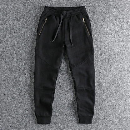 Autumn Winter American Retro Thick Sweatpants With Velvet Men's Pure Cotton Washed Heavyweight Knitted Sports Ankle-tied Pants.