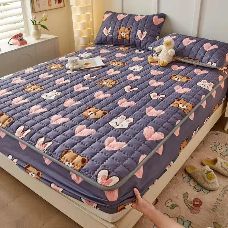 3pcs set Bed Cover Cute Quilted Mattress Cover Soft Skin-friendly Printed Bed Fitted Sheet 1pc mattress cover+2pcs pillowcase.