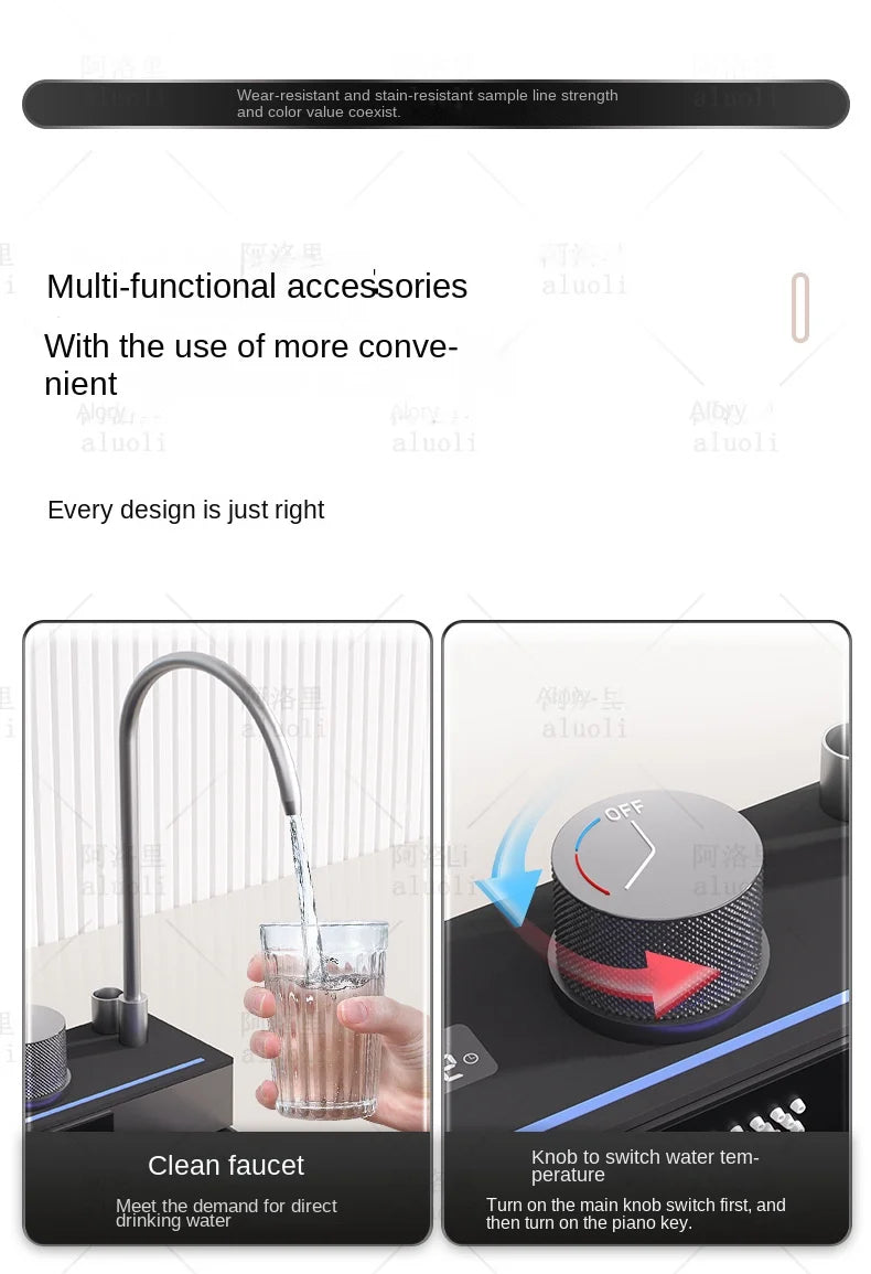 Kitchen 304 Stainless Steel Waterfall Sink, Large Single Slot, Digital Display Embossed Washing Basin Household Dishwashing Sink
