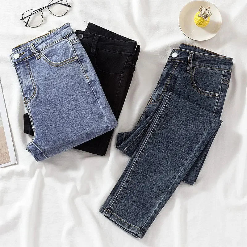 High Waist Nine-Tenths Women's Skinny Jeans Elastic Slimming Fashionable Spring Autumn New Style Small Foot Tight Pants.