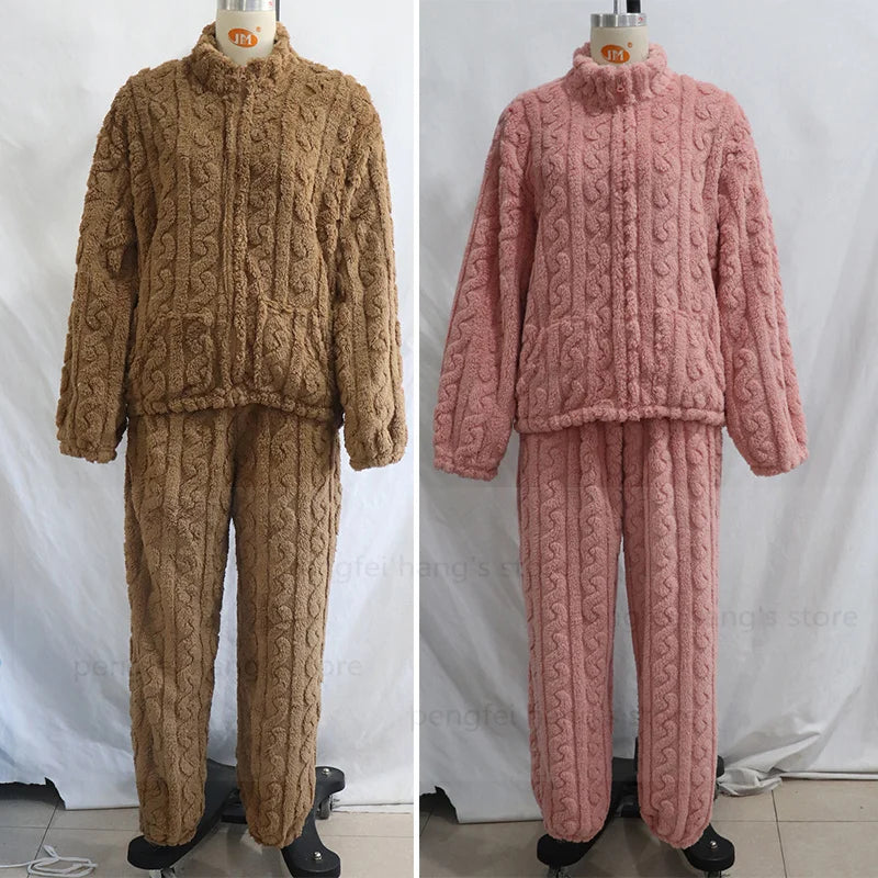 Thick Coral Fleece Pajamas Suit Women Long Sleeve Zip Top Pants Winter Autumn Warm Sleepwear Nightwear with Pocket Pjs.