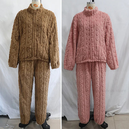Thick Coral Fleece Pajamas Suit Women Long Sleeve Zip Top Pants Winter Autumn Warm Sleepwear Nightwear with Pocket Pjs.