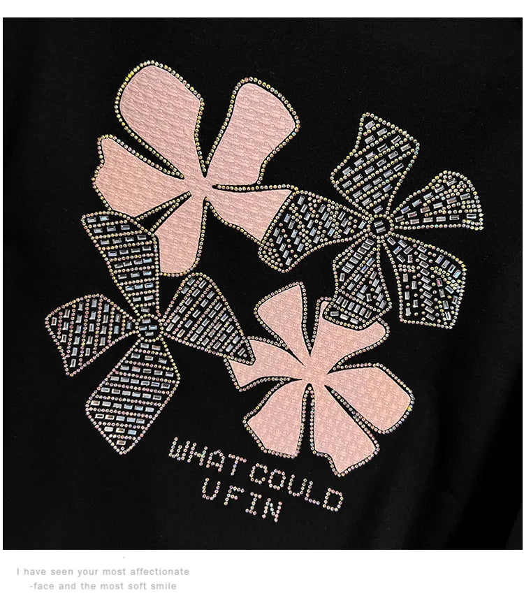 170 kg Plus Size Damen-Büste 170 Frühling Herbst Loose Diamond Collared Sweatshirt Schwarz 4XL 5XL 6XL 7XL 8XL 9XL.