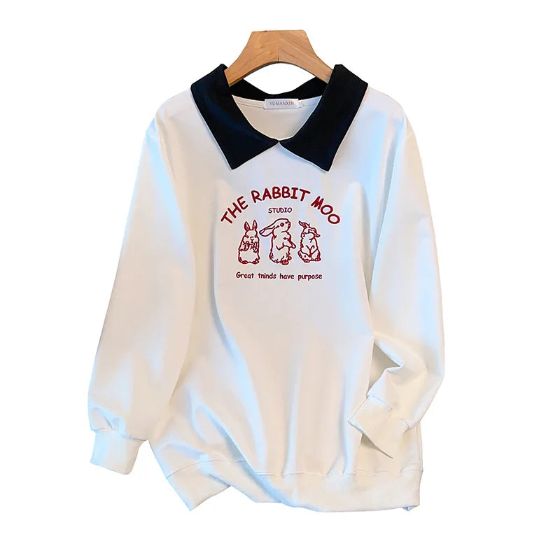 175kg plus size Damen büste Frühling Herbst loser Polo kragen Kaninchen besticktes Sweatshirt schwarz weiß 5xl 6xl 7xl 8xl 9xl.