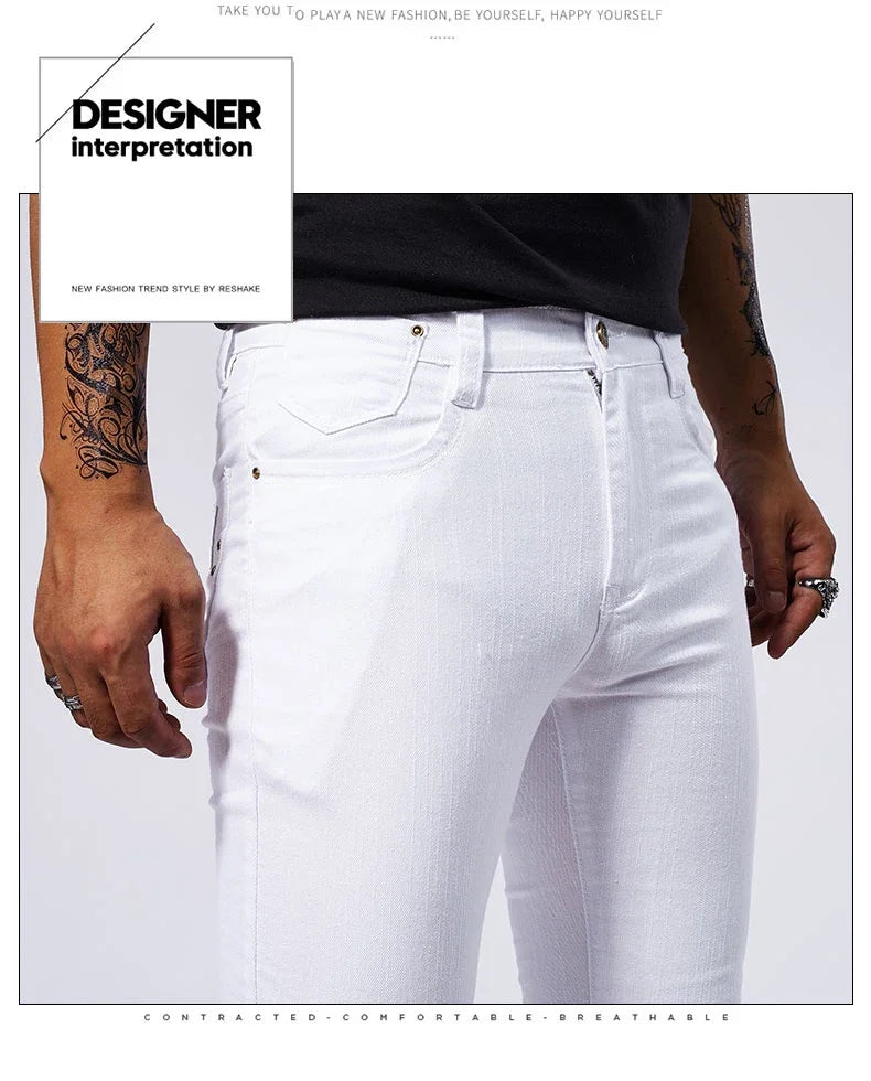 Men's White Casual Jeans New Denim Pants Comfortable Fashion Stretch Slim Fit Straight Trousers Male Clothing Streetwear.